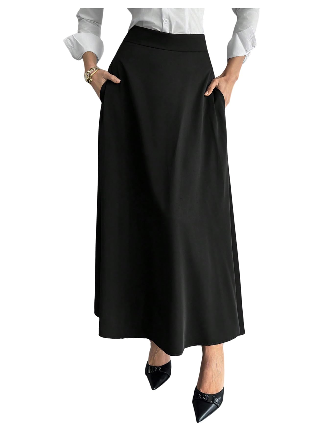 Verdusa Womens Elegant A Line Maxi Skirt High Waisted Flowy Skirt with Pockets