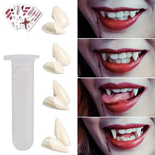 Vampire Fangs Teeth Kit 4 Pairs with Adhesive and 10Pcs Halloween Scars Tattoos Stickers, Decoration Vampire Teeth Horror False Teeth, Halloween Party Cosplay Props Horror Party Favors