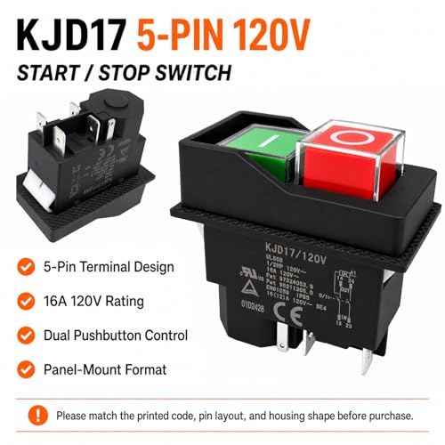 Image of KJD17 /120V Switch 120V 16A 5-Pin (1-Pack) No-Volt Release Electromagnetic Push Button Switch, 46 x 22 mm Cutout, for Concrete Mixer Table Saw Power Tool