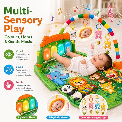 Image of Lifelong Jungle Piano Playgym | Musical Mat with Lights, Hanging Toys & Mirror | Soft Tummy Time & Crawling Play Mat | Motor & Fine Skills Development | Kick & Play Piano Fitness Rack (0-24 Months)
