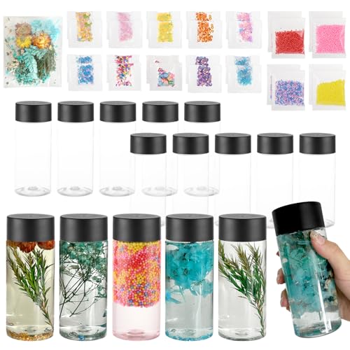YEXEXINM 16pcs Empty Sensory Bottles Kits, 300 ml Leakproof Clear Plastic Sensory Bottle with Lids with Sequins Accessories, Reusable Water Bottles for Sensory Crafts Handmade Party Supply
