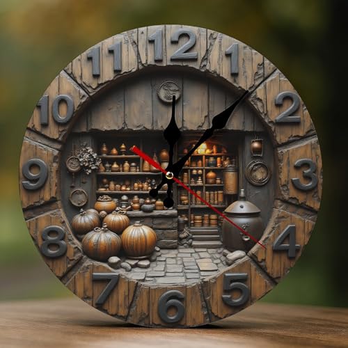 Novastar Relojes de pared decorativos que funcionan con pilas, 25,4 cm, moderno estante de cerámica marrón rústico, impresión 2D, sin tictac, relojes de pared silenciosos para sala de estar