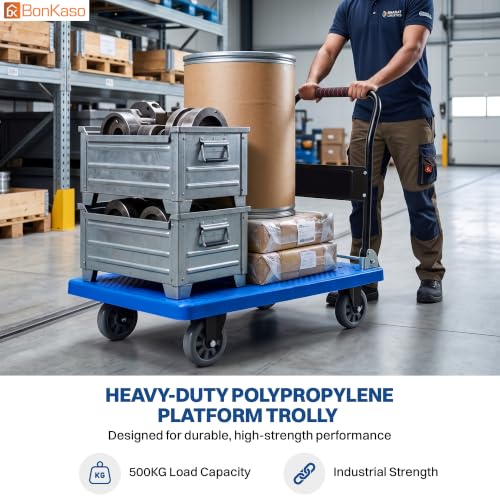 Image of Bonkaso Heavy Duty Platform Truck 500 Kg Load Capacity, Foldable Metal Handle, Blue Anti-Slip Plastic Deck, TPR Wheels, Reinforced Base, Material Handling Trolley for Warehouse & Industrial Use