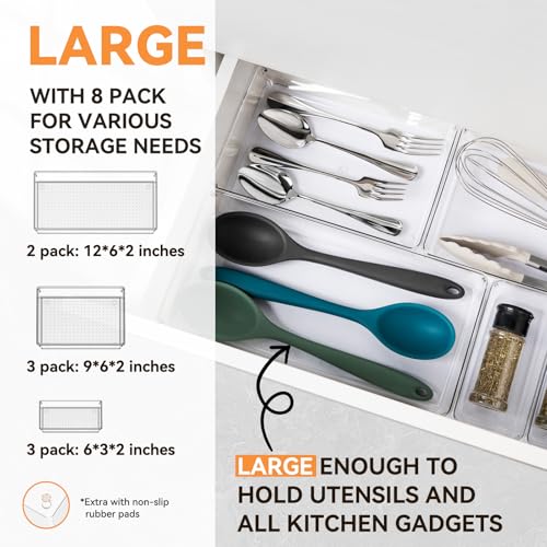 Image of Criusia 8 Pack Drawer Organizer for Kitchen Gadgets, Large Clear Plastic Drawer Divider for Kitchen Accessories, Bathroom Organizers and Storage, Home Essentials for Makeup and Vanity Accessories
