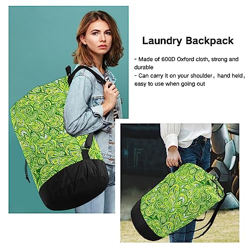 Green Paisley Leaves Laundry Bag Backpack Bags Mesh Wash Laundry Bags Dirty Clothes Organizer For College Dorm Room Essentials For Girls #TOP5