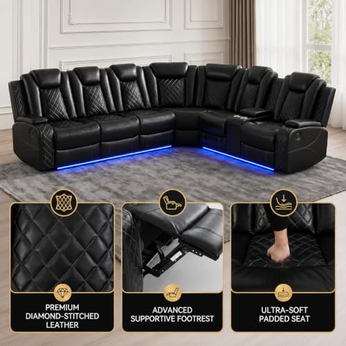 Image of Power Reclining Sectional Couch for Living Room, Black Leather Sectional Sofa Set with Recliner, LED Lights, Storage Console, Cup Holders, USB Ports, Home Theater Seating for Family Room