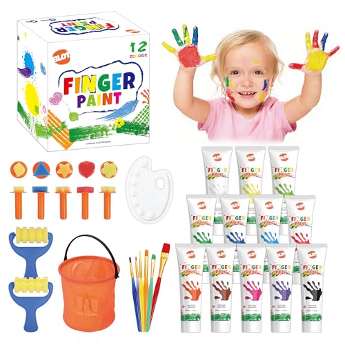 BLOT Fingerfarben Set für Kleinkinder Abwaschbare Fingerfarben für Kinder 12 Farben (je 36ml) Inklusive 7 Schwamm-Stempel 6 Pinsel Palette und Eimer Ungiftige Kunstbedarf Ab 3 Jahren