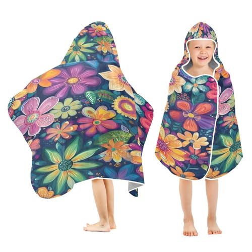 Kigai Colorful Flowers Hooded Beach Towel for Kids Soft Absorbent Quick Dry Bath Towel with Hood Lightweight Toddler Shower Pool Bath Wrap for Boys Girls