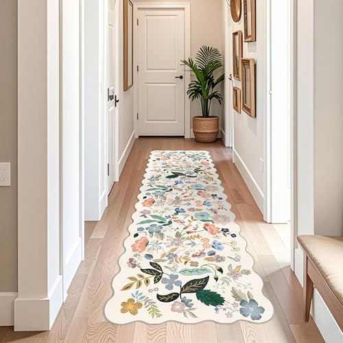 3x10 Washable Hallway Runner Rug: Long Floral Scalloped Soft Runners for Kitchen Entryway Non Slip Bathroom Nursery Floor Mat 10ft Water Resistant Low Pile Carpet for Living Room Bedroom(3x10,Cream)