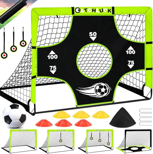 CATCHLUCK Fußballtor Kinder, Fussballtore für Garten Kinder, Pop Up Tore mit Zielbereichen, DREI Ziele, Fußball, 6 Hindernisse und Tragetasche, Grün