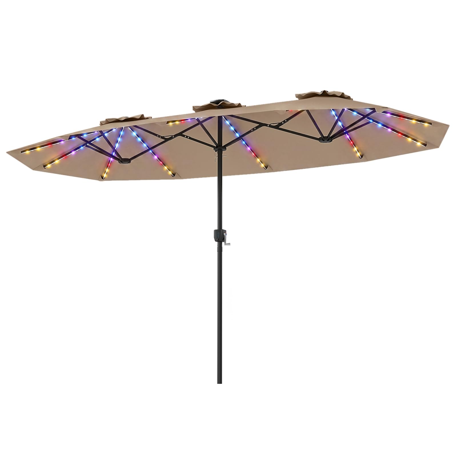 COSTWAY Parasol de Jardin Double 400 x 210 cm, Grand Parasol Rectangulaire avec LED, Manivelle Pratique, Structure à 12 Baleines, Protection Solaire pour Terrasse, Balcon, Camping (Marron)