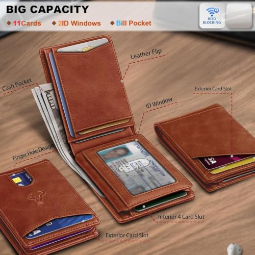 Image of Contacts Slim RFID Blocking Leather Wallet for Men - Minimalist Bifold Card Holder with 11 Slots, ID Window & Cash Pocket - Front Pocket Wallet Gift for Daily Use & Travel (Tan)