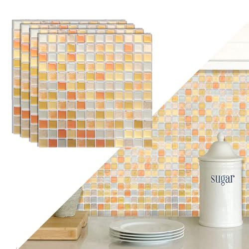 タイルシール 厚手2.5mm キッチン 耐熱 防水 北欧 剥がせる 貼付簡単 洗面所 トイレ 賃貸 DIY 家具やアイテムの装飾 30.5*30.5cm タイルシート 壁紙シール 3D リメイクシート PU+PET (4枚, モザイク: アンバー0014)