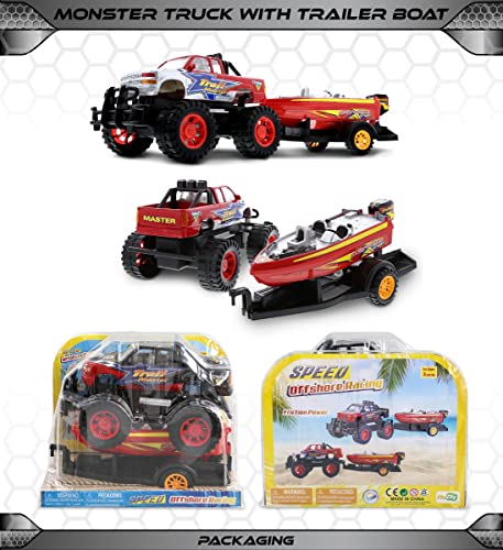 image for Mozlly Monster Truck Toys Set with Trailer Toy Boat - Friction Powered
