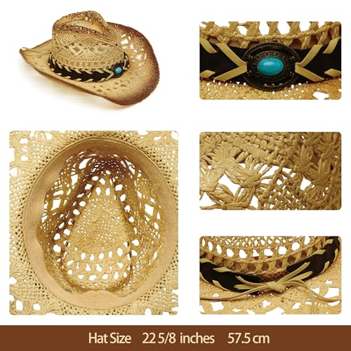 Image of YOUBADU Western Straw Cowboy and Cowgirl Hats with Decorative Bands - Unisex Wide Brim Raffia Style Sun Hat