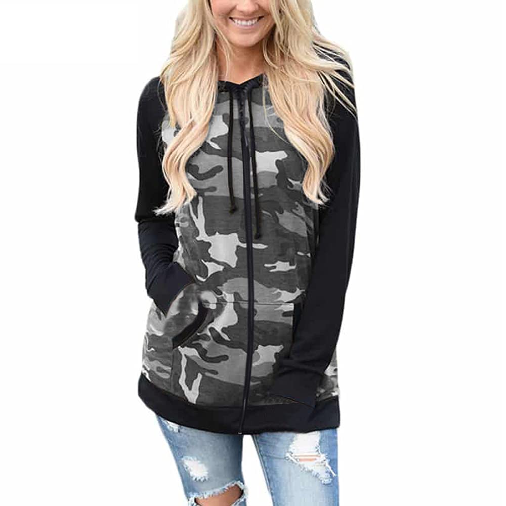 Womens Camouflage Fleece Hoodie Zipper Top Summer Winter Camo Jacket UK  Plus Sizes