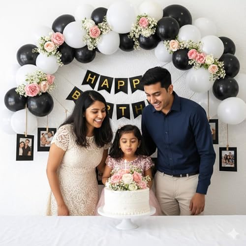 Image of Party Propz Black and White Birthday Decoration Kit - 41 Pcs, Happy Birthday Banner, Balloons, Photo Frames with Clips, Elegant Birthday Decoration Kit for Kids & Adults