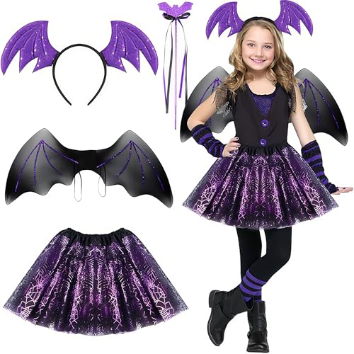 JOYTIX®Disfraz de Murciélago Completo: 4 Piezas (Tutú, Alas, Varita Mágica, Diadema) | Disfraz Niña Halloween 2025(3 8 años)   Disfraz Infantil Terrorífico para Carnaval & Truco o Trato (Púrpura)