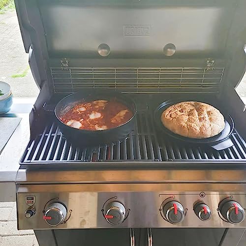 WELL GRILL Duo Dutch Oven Zubehör Set für Weber 47cm & 57cm Kettle Holzkohlegrill, 2 in 1 Gusseisen Schmortopf Pfanne für Weber BBQ Gourmet System und meiste Gasgrill, 7,25 l, Schwarz