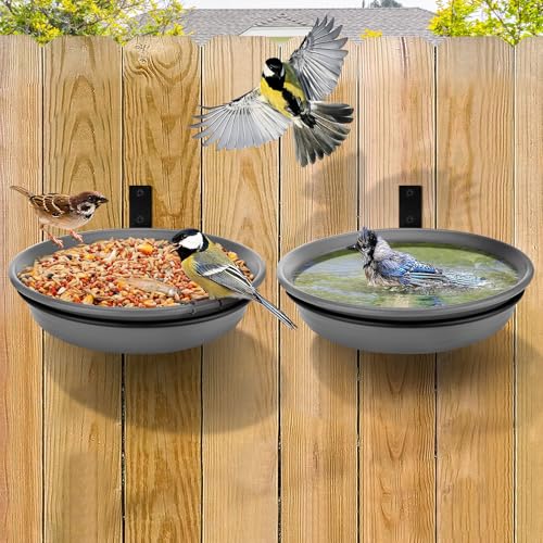 Fence Bird Feeders Tray - 2pcs Tree Mounted Wild Bird Bath for Outdoors Place Food Water Installed on Deck Wall Stakes with Heavy Duty Iron Ring 8.3 Dia. (Grey)