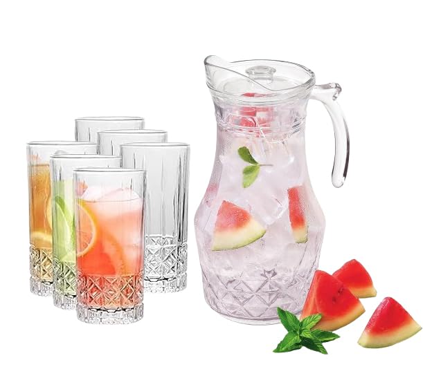 Mivana Premium Water and Juice Glasses Set of 6 350ML and 1.8 Liter Water Jug 1 piece,Transparent Glass and Jug Set for Dining Table,Party,Gift Set,All pourpse use (7 piece) (MT-28)