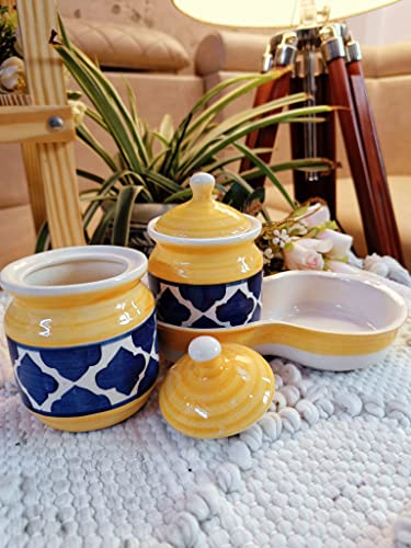Image of Niyara Multipurpose Storage Ceramic Pickle set Jars & with Lid & tray & (Set of 2, 300 ML) (Yellow)