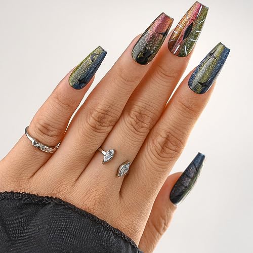 Sethexy Halloween Long Coffin False Nails Handmade Cat Eye Glossy Press On Nails Devil Eye Moon Acrylic Fake Nails Salon Quality Nail Removable for Women and Girls(Y) - Image 3