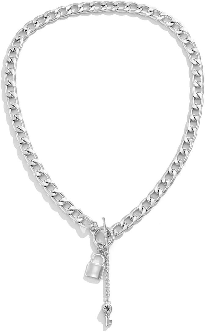 Padlock Key Sparkling Drop Front Toggle Chunky Chain Pendant Necklace For Women Statement Punk Gold Silver Colors Adjustable Choker Style