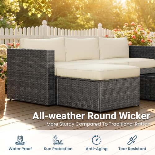 Image of Wisteria Lane 5 Piece Outdoor Patio Furniture Set | All Weather Wicker Patio Sectional Sofa Set with Cushions & Glass Coffee Table for Backyard Garden Balcony, Beige