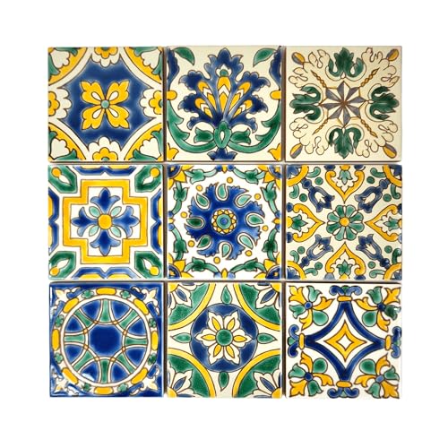 Set of 9 Decorative Ceramic Tiles – Hand Painted Indoor & Outdoor...