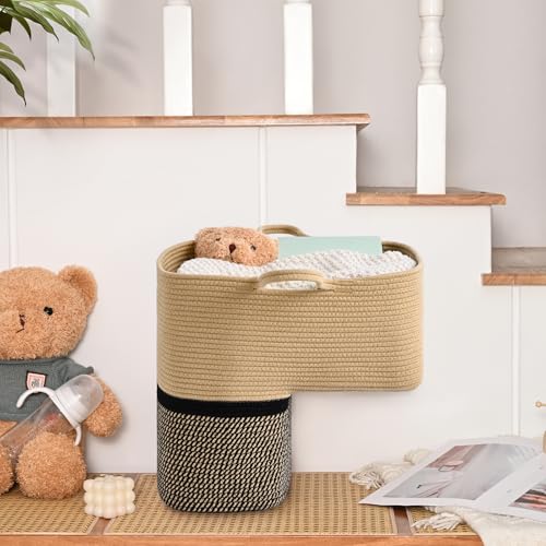 Image of Stair Basket for Wooden & Carpeted Stairs, Foldable Cotton Rope Step Basket with Handles, Staircase Storage Organizer, Brown&Black, 15 inch Lx 10 inch W x 15 inch H