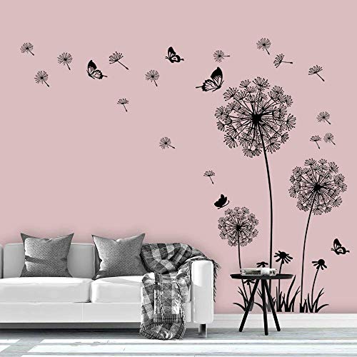 Tanlaby Stickers Muraux Pissenlit Autocollants Muraux Fleurs Noires Amovible Papillons Sticker Mural pour Salons Chambres Bureaux Canapé Fond Décoration Murale De La Maison