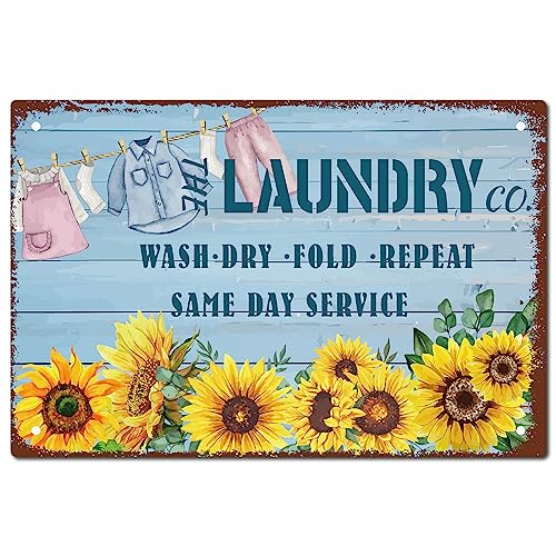 CREATCABIN Laundry Room Sign Sunflower Decor Metal Tin Sign Wall Art Vintage Retro Poster Iron Plaques Waterproof Paintings for Home Toilet Bathroom Decorations 8 x 12 Inch