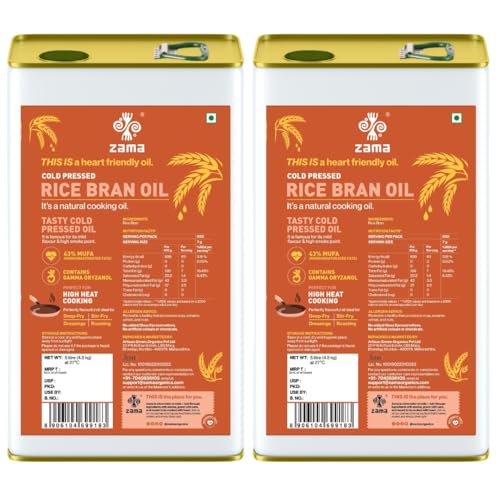 Image of Zama Organics Rice Bran Oil 5L (Pack of 2) | Cold Pressed Rice Bran Cooking Oil Suitable for Stir & Deep Frying | Natural & Farm Fresh Improves Heart Health, Reduces Cholesterol