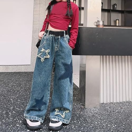 Teen Girls Baggy Jeans Star Patchwork Denim Pants for Kids Girls Vintage High Waisted Wide Leg Jeans Trendy Denim Pants3