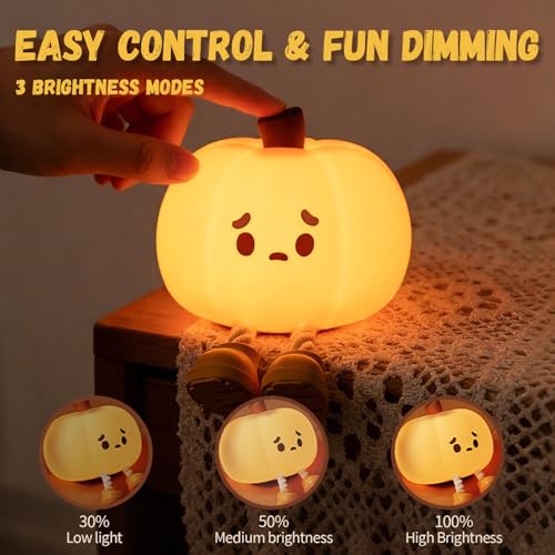 Image of Cute Pumpkin Night Light, Squishy Squeeze Silicone Lamp, USB Rechargeable Dimmable Nursery Light for Kids Bedroom, Halloween Home Decor, Birthday Holiday Gift for Toddlers Girls Boys
