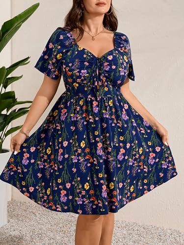 Image of RWJ Women Plus Size Summer Dress Short Sleeve Tie Front Sweetheart Neck Casual Mini Wedding Guest Dresses 2025