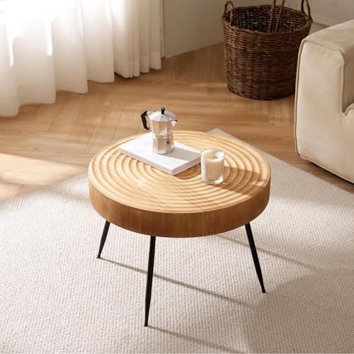Cagnolier Table basse ronde, table d'appoint ronde en bois en forme de roue de l'année, ø60×42cm Table basse avec pieds en métal noir, grande table...
