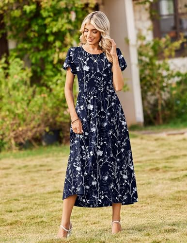 Image of Zeagoo Summer Dresses for Women 2026 Maxi Bohemian Floral Short Sleeve Long Dress Casual Flowy Tired Beach Sundress
