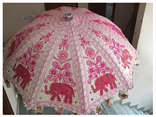 Indian Rajasthani work Handmade Designer 100% Cotton Fashion Multi Colored Umbrella Embroidery Boho Umbrellas,beach Parasol (Pink & White)