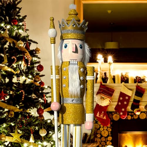 CDL 6Ft Tall Life-Size Large/Giant Gold Glitter Christmas Wooden Nutcracker King Ornament On Stand Holds Scepter For Indoor Outdoor Xmas/Event/Wedding Decoration(6 Feet, King Gold K29)