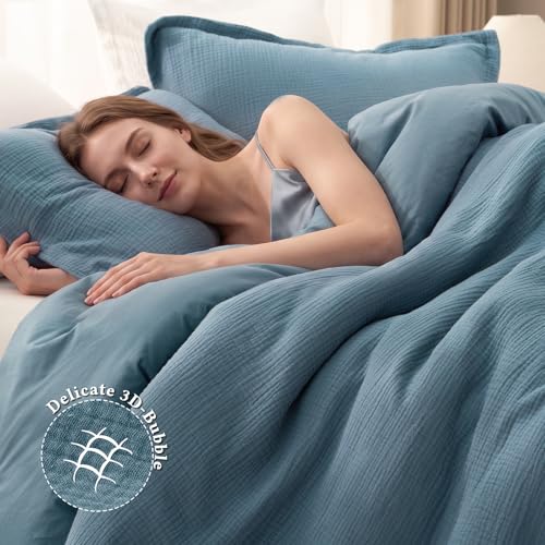Image of David's Home Cotton Muslin Comforter Set King Size, 100% Cotton Cover Ultra-Soft Breathable Skin-Friendly for Spring Summer, 3PCS Linen Like Gauze Bedding Set with Polyester Filling, Prussian Blue