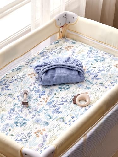 Image of TILLYOU Muslin Mini Crib Sheets 2 Pack, Pack and Play Mattress Sheets Fitted for Pack N Play, 38'' x 26'' Sheet for Toddler, Blue Flower