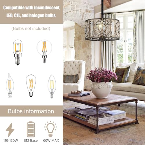 Image of Vintage Crystal Drum Chandelier, 3-Lights Bronze Finish Retro Chandelier Lighting Fixtures, Semi Flush Mount Ceiling Light for Dining Room Living Room Bedroom Entryway Etc.
