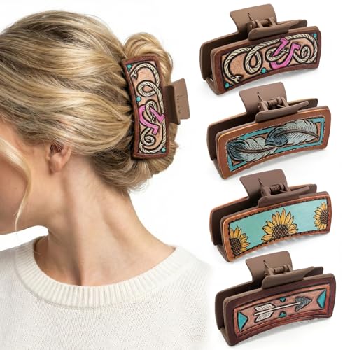 Mtiyoose 4 Pack 4.1 Western Leather Hair Clips Large Hair Claw Clips for Thick Hair Western Hair Accessories for Women Western Hair Jaw Clips Daily Wear Cowgirl Gifts