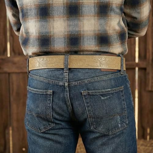 Image of BC Belts Western Leather Belt Strap - 1.5 inch Wide with Embossed Scrollwork Without Buckle for Men & Women, Cowboy /Cowgirl Style