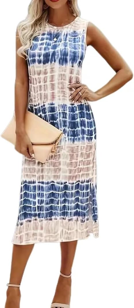 Women’s Casual Tie Dye Sleeveless Split Thigh Tank Top Midi Dress