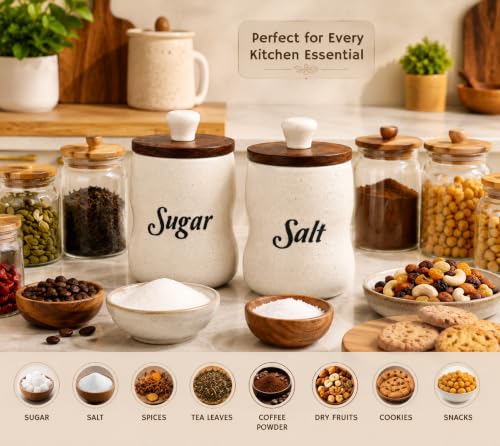 Image of Ceramic Sugar Salt Jar Set of 2 for Kitchen Storage, Airtight Lid Canisters for Countertop Decor, Premium Ceramic Containers for Sugar, Salt, Spices, Dry Fruits & Daily Essentials
