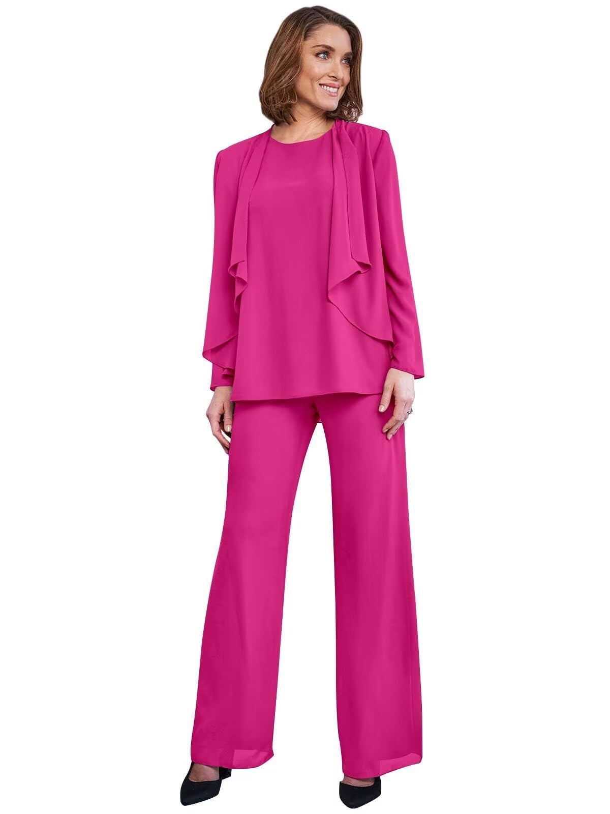 3 Pieces Mother of The Bride Pant Suits for Wedding - Chiffon Long Sleeve Classy Women Dressy Formal