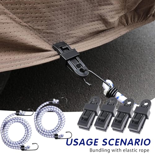 Image of 2 PCS Car Wind Protector Cover Gust Straps, 5.08ft Wear-Resistant Automotives Tensile Strap with 4 Windproof Clip, Universal for Most Cars (White)